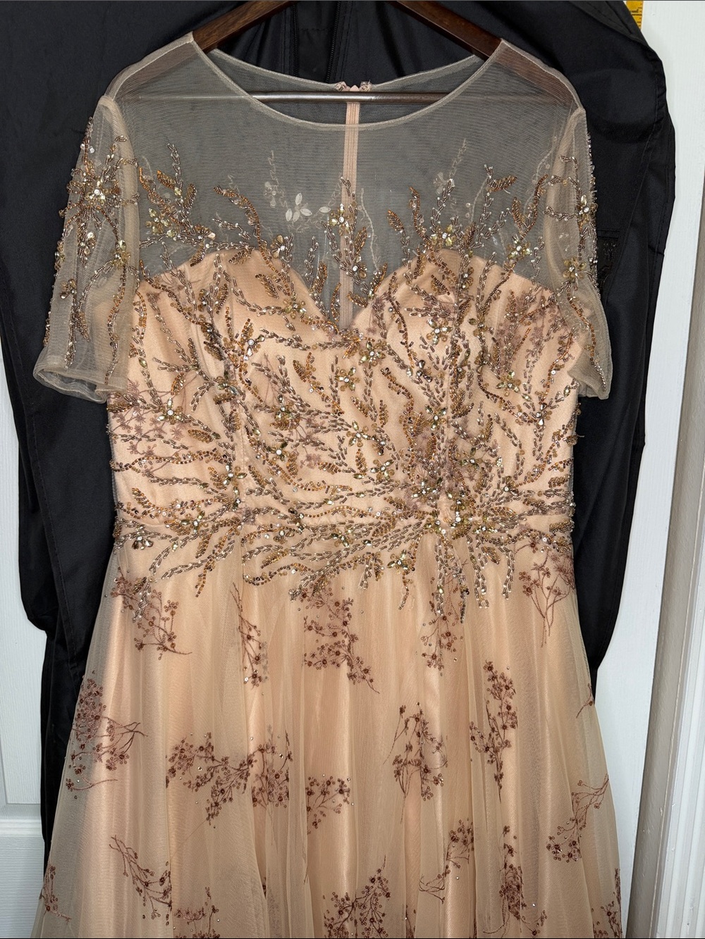 Mac Duggal Taupe Beaded Tulle Evening Gown